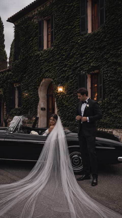 Old-World Villa Arrival with Vintage Getaway Car
