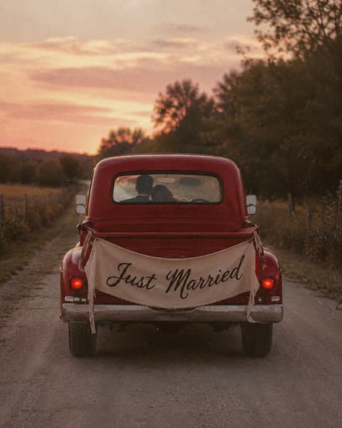 Just Married Getaway in a Vintage Red Truck