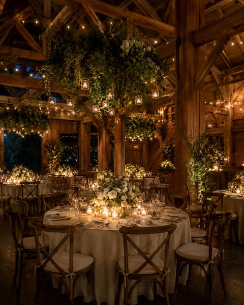 Greenery Chandelier Barn Reception