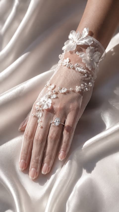 Sheer Floral Bridal Gloves with Pearl Details