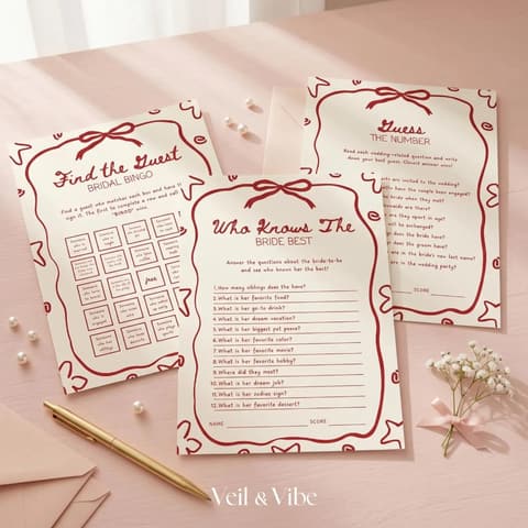 Red Bow Bridal Shower Game Card Set