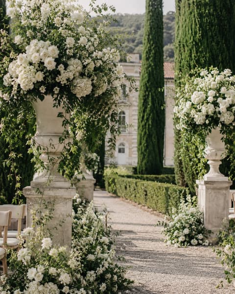 White Floral Urn Ceremony Aisle